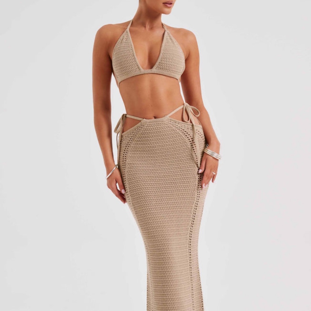 Elegant Tan Crochet Two Piece Set